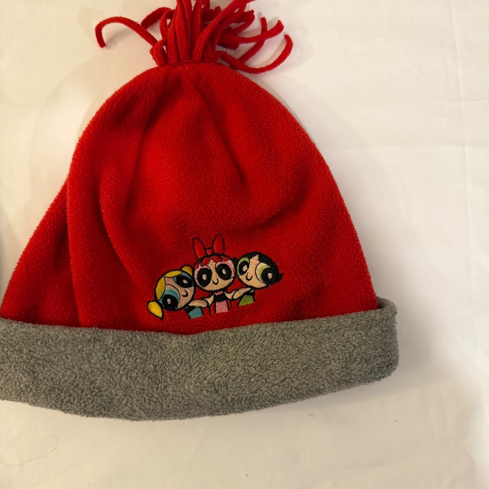 Vintage Cartoon Network Powerpuff Girls Red Fleece Beanie Hat Embroidery Y2K